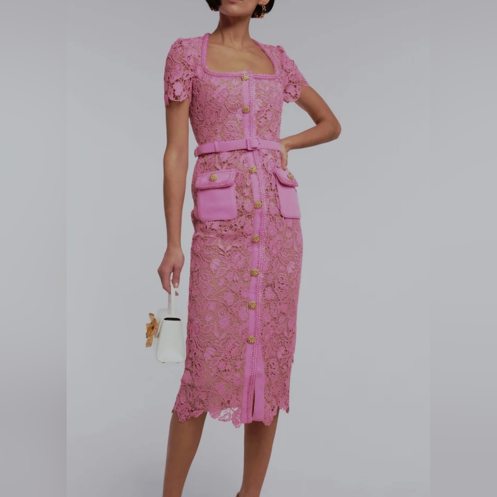 Self Portrait GUIPURE Pink Lace Midi Dress with Belt